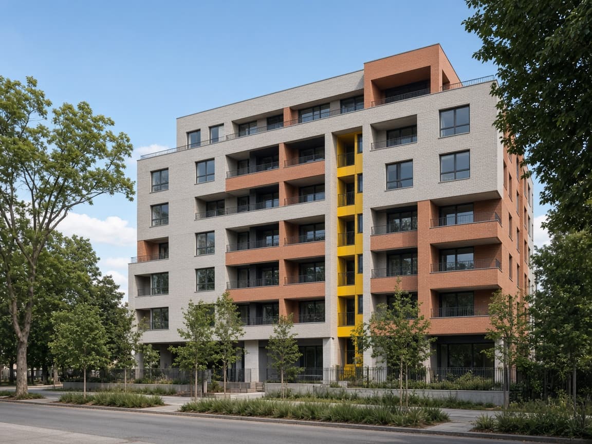 Brick apartment block with a yellow stair core