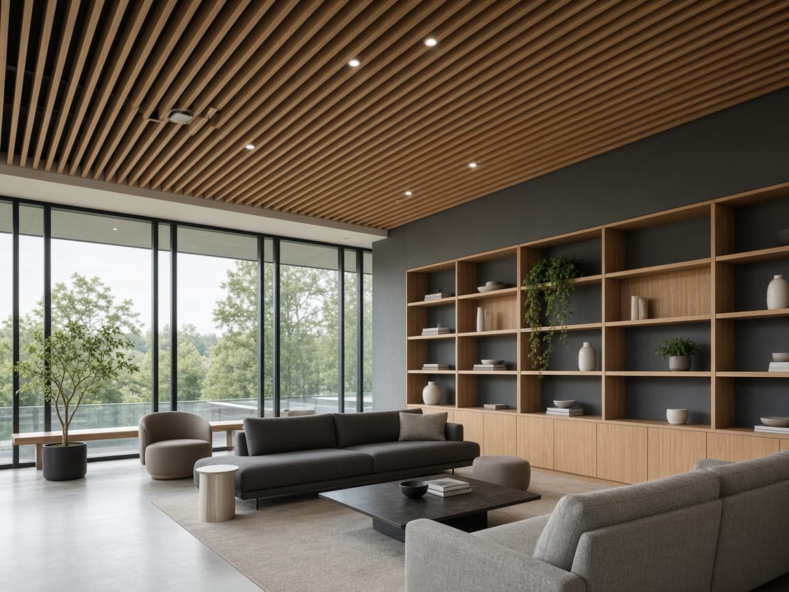 Workplace lounge with slatted timber ceiling