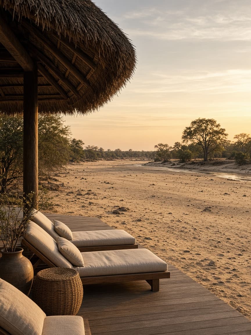 Lodge deck with loungers above a sandy river bed at dusk