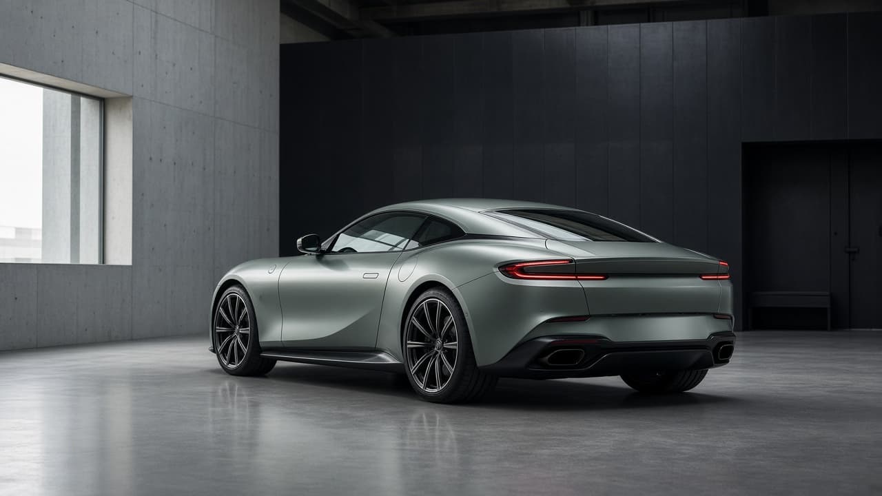 Unbadged sage-grey coupe in a concrete workshop
