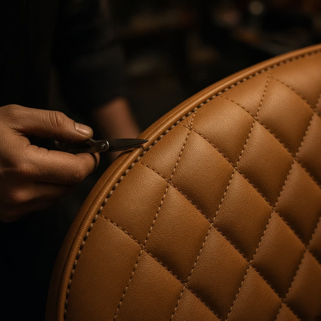 Quilted tan leather seat being trimmed by hand
